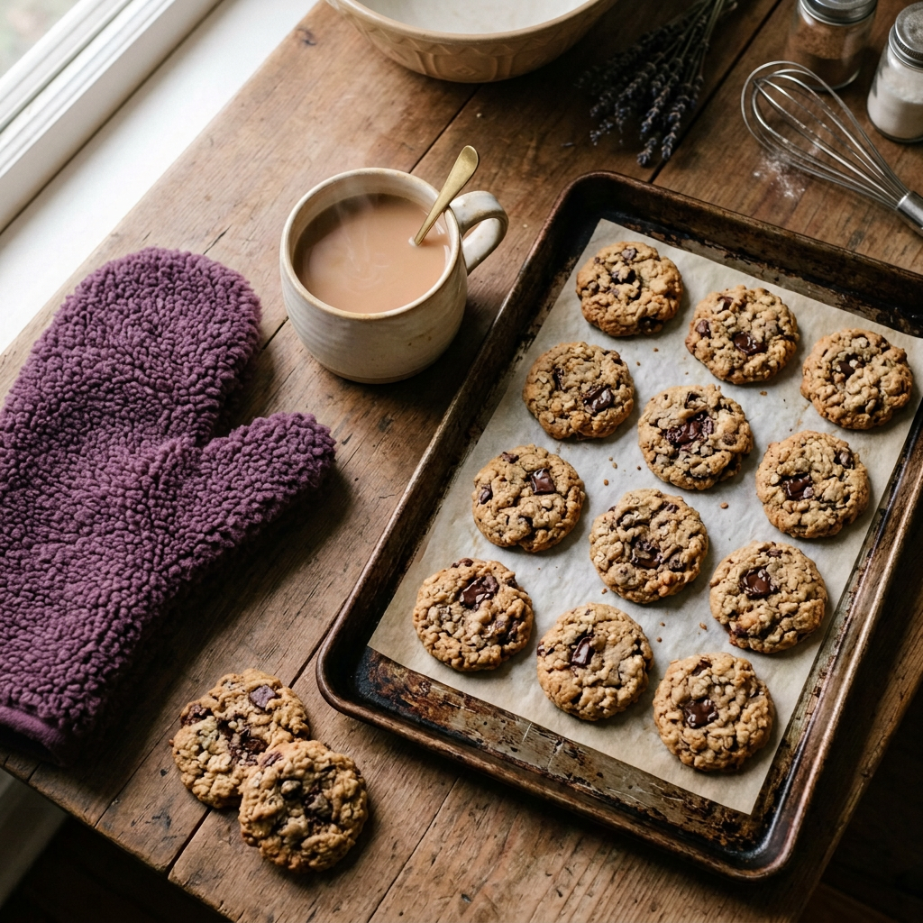 Tray of chocolate chip cookies beside a cup of tea on a wooden table