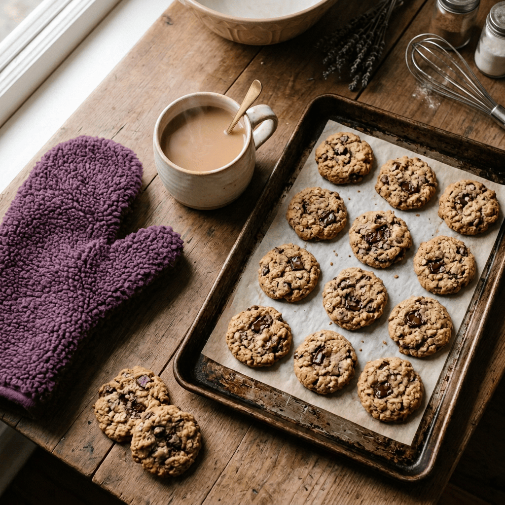 Tray of chocolate chip cookies beside a cup of tea on a wooden table